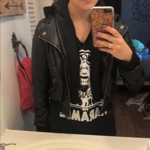 Cropped leather jacket with hood